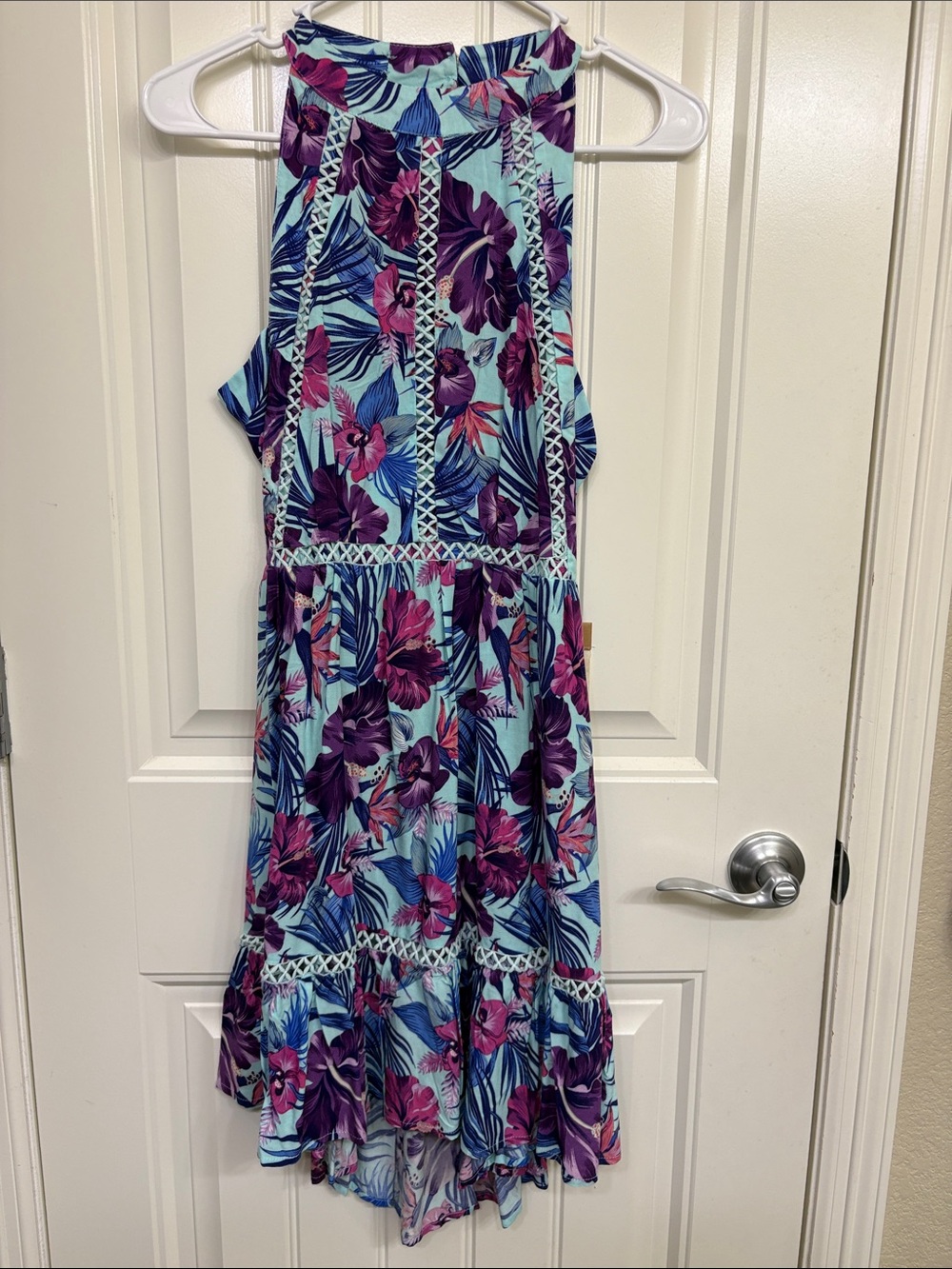 NWT Sunday Mi Amor Sleeveless Floral Halter Midi Dress in Aqua and Purple